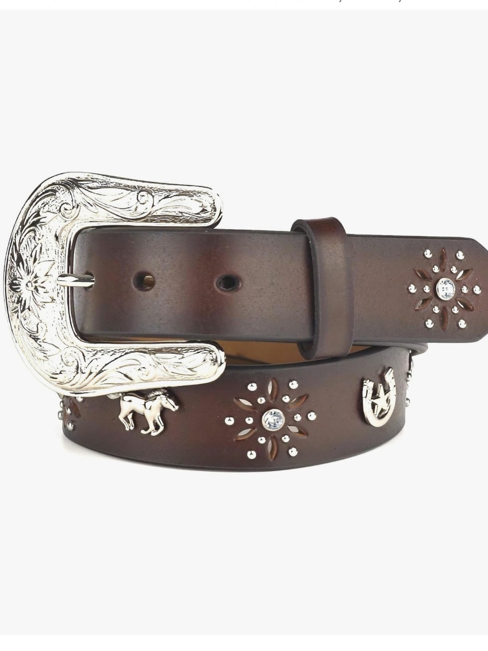 Ariat Leather Belt Horse Rhinestone Flower Cutouts Concho Western Sz 26 Brown